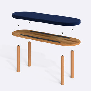 Shiv Bench 120 x 38 parçalarına ayrılmış montaj görünümü, lacivert kadife oturum ve masif kayın ayaklar ile bağlantı vidaları