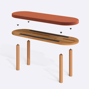 Shiv Bench 120 x 38 parçalarına ayrılmış montaj görünümü, somon kadife oturum ve masif kayın ayaklar ile bağlantı vidaları