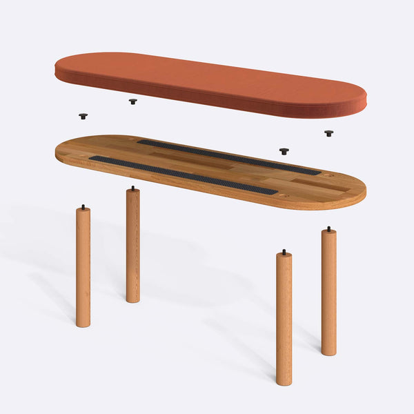 Shiv Bench 120 x 38 parçalarına ayrılmış montaj görünümü, somon kadife oturum ve masif kayın ayaklar ile bağlantı vidaları