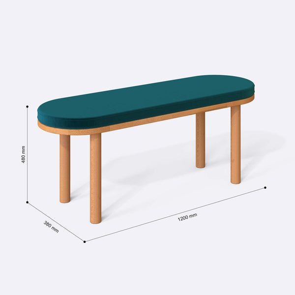 Shiv Bench 120 x 38 ölçülendirilmiş teknik görünümü, petrol kadife döşeme, milimetre cinsinden ölçüler
