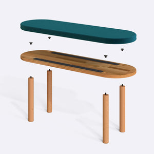 Shiv Bench 120 x 38 parçalarına ayrılmış montaj görünümü, petrol kadife oturum ve masif kayın ayaklar ile bağlantı vidaları