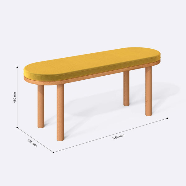 Shiv Bench 120 x 38 ölçülendirilmiş teknik görünümü, sarı kadife döşeme, milimetre cinsinden genişlik, derinlik ve yükseklik