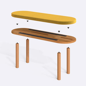Shiv Bench 120 x 38 parçalarına ayrılmış montaj görünümü, sarı kadife oturum ve masif kayın ayaklar ile bağlantı vidaları