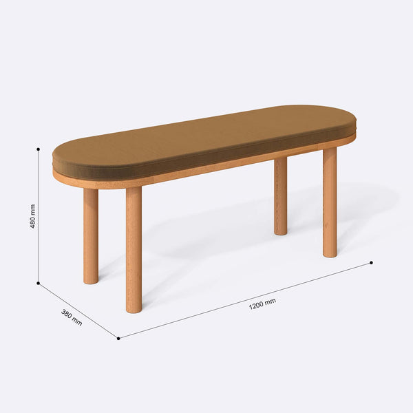Shiv Bench 120 x 38 ölçülendirilmiş teknik görünümü, vizon kadife döşeme, milimetre cinsinden genişlik, derinlik ve yükseklik