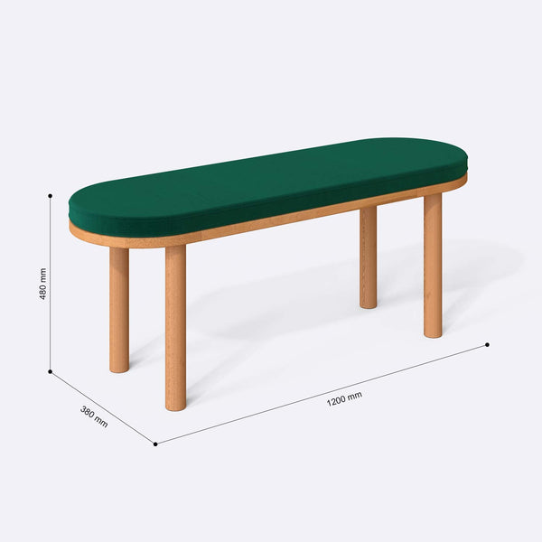 Shiv Bench 120 x 38 ölçülendirilmiş teknik görünümü, zümrüt kadife döşeme, milimetre cinsinden ölçüler
