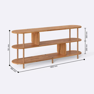 Bely 3 Raflı Kitaplık 180 x 38 cm ölçülendirilmiş teknik görünümü, milimetre cinsinden genişlik, derinlik ve yükseklik