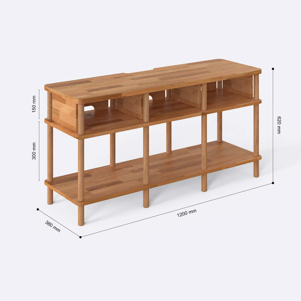Lunt TV Ünitesi 120 x 38 cm ölçülendirilmiş teknik görünümü, milimetre cinsinden genişlik, derinlik ve yükseklik