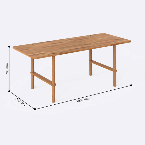 Lugh Yemek Masası 190 x 78 cm ölçülendirilmiş teknik görünümü, milimetre cinsinden genişlik, derinlik ve yükseklik