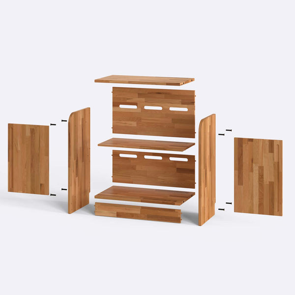 Pador Büfe 85 x 45 cm parçalarına ayrılmış montaj görünümü, masif kayın parçalar ve bağlantı elemanları