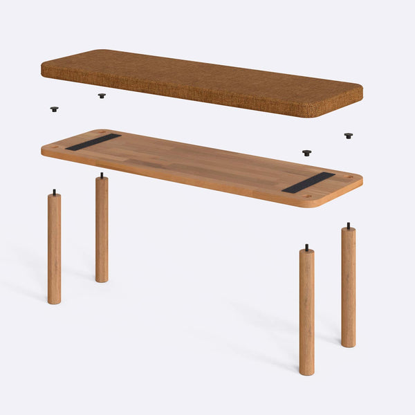 Dorrin Bench 120 x 38 parçalarına ayrılmış montaj görünümü, badem keten oturum ve masif kayın ayaklar ile bağlantı vidaları