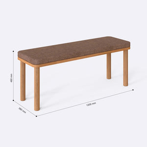 Dorrin Bench 120 x 38 ölçülendirilmiş teknik görünümü, kahve keten döşeme, milimetre cinsinden ölçüler