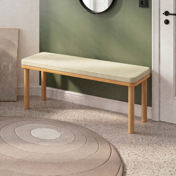 Dorrin Bench 120 x 38, kum keten döşeme, masif kayın gövde, döşenmiş oda ortamında kullanım görünümü
