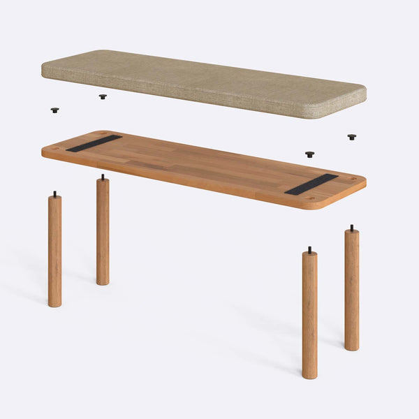 Dorrin Bench 120 x 38 parçalarına ayrılmış montaj görünümü, kum keten oturum ve masif kayın ayaklar ile bağlantı vidaları
