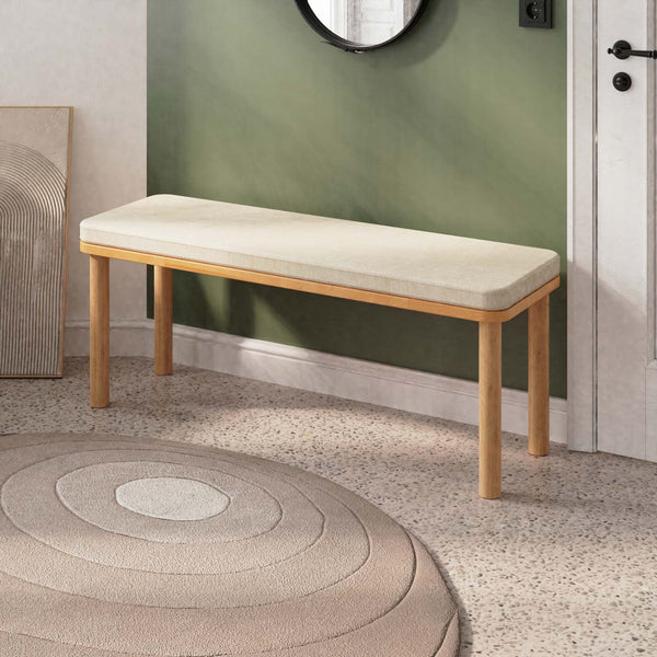 Dorrin Bench 120 x 38, ekru keten döşeme, masif kayın gövde, döşenmiş oda ortamında kullanım görünümü