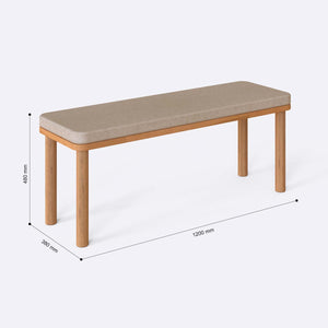 Dorrin Bench 120 x 38 ölçülendirilmiş teknik görünümü, ekru keten döşeme, milimetre cinsinden genişlik, derinlik ve yükseklik