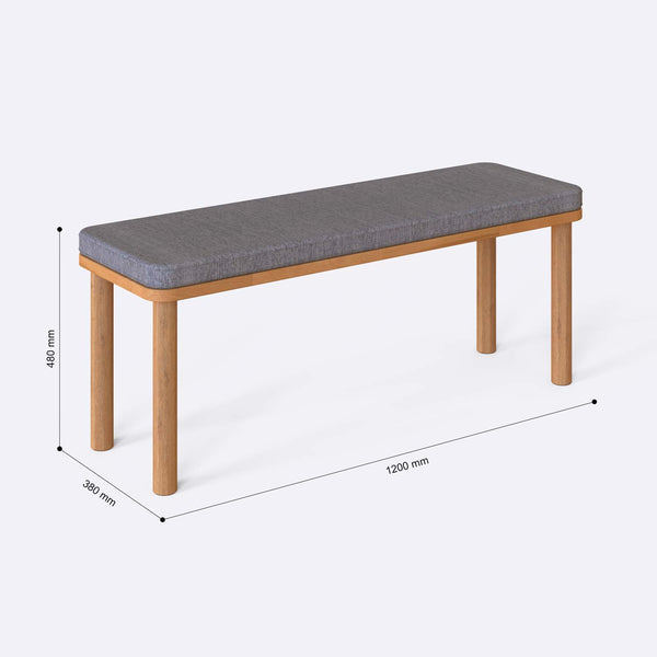 Dorrin Bench 120 x 38 ölçülendirilmiş teknik görünümü, gri keten döşeme, milimetre cinsinden genişlik, derinlik ve yükseklik