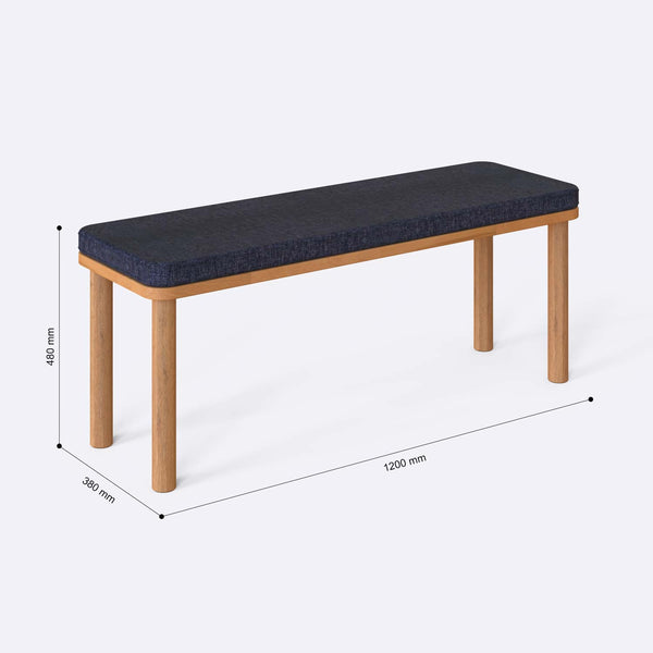 Dorrin Bench 120 x 38 ölçülendirilmiş teknik görünümü, lacivert keten döşeme, milimetre cinsinden ölçüler