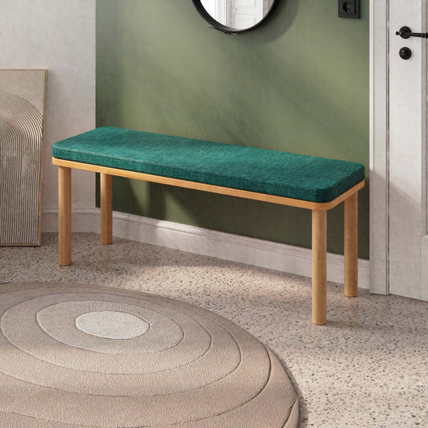 Dorrin Bench 120 x 38, petrol keten döşeme, masif kayın gövde, döşenmiş oda ortamında kullanım görünümü