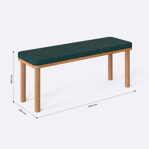 Dorrin Bench 120 x 38 ölçülendirilmiş teknik görünümü, petrol keten döşeme, milimetre cinsinden ölçüler