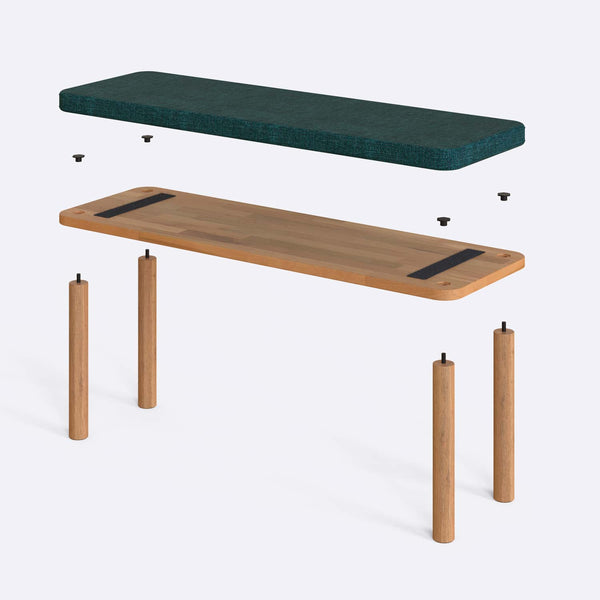 Dorrin Bench 120 x 38 parçalarına ayrılmış montaj görünümü, petrol keten oturum ve masif kayın ayaklar ile bağlantı vidaları
