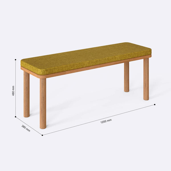 Dorrin Bench 120 x 38 ölçülendirilmiş teknik görünümü, sarı keten döşeme, milimetre cinsinden genişlik, derinlik ve yükseklik