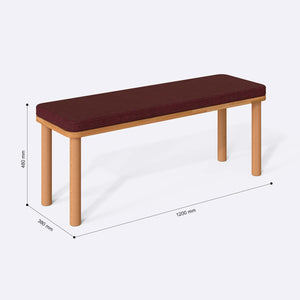 Dorrin Bench 120 x 38 ölçülendirilmiş teknik görünümü, bordo keten döşeme, milimetre cinsinden ölçüler