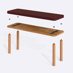 Dorrin Bench 120 x 38 parçalarına ayrılmış montaj görünümü, bordo keten oturum ve masif kayın ayaklar ile bağlantı vidaları