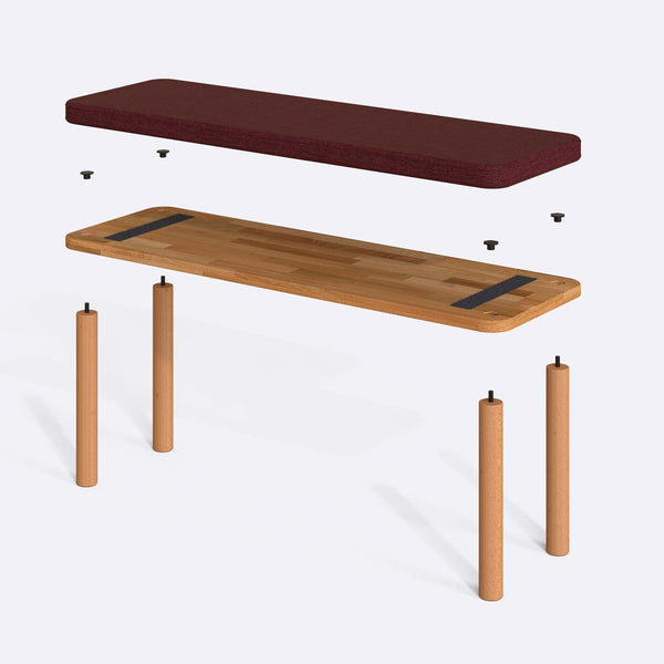 Dorrin Bench 120 x 38 parçalarına ayrılmış montaj görünümü, bordo keten oturum ve masif kayın ayaklar ile bağlantı vidaları