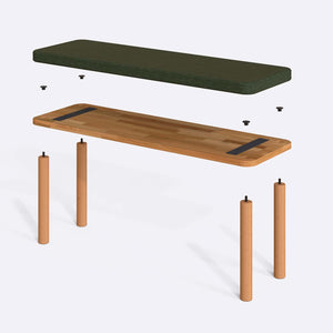 Dorrin Bench 120 x 38 parçalarına ayrılmış montaj görünümü, yeşil keten oturum ve masif kayın ayaklar ile bağlantı vidaları