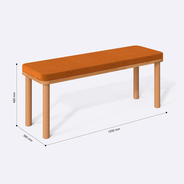 Dorrin Bench 120 x 38 ölçülendirilmiş teknik görünümü, badem kadife döşeme, milimetre cinsinden ölçüler