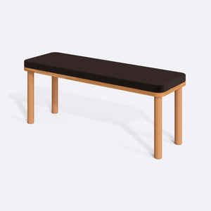 Dorrin Bench 120 x 38, kahve kadife döşeme, masif kayın gövde, beyaz zeminde üç çeyrek açıdan stüdyo çekimi