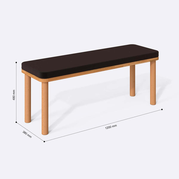 Dorrin Bench 120 x 38 ölçülendirilmiş teknik görünümü, kahve kadife döşeme, milimetre cinsinden ölçüler