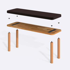 Dorrin Bench 120 x 38 parçalarına ayrılmış montaj görünümü, kahve kadife oturum ve masif kayın ayaklar ile bağlantı vidaları