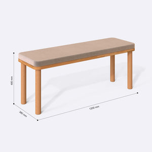 Dorrin Bench 120 x 38 ölçülendirilmiş teknik görünümü, kum kadife döşeme, milimetre cinsinden genişlik, derinlik ve yükseklik