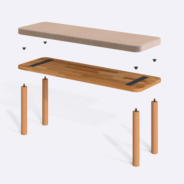 Dorrin Bench 120 x 38 parçalarına ayrılmış montaj görünümü, kum kadife oturum ve masif kayın ayaklar ile bağlantı vidaları