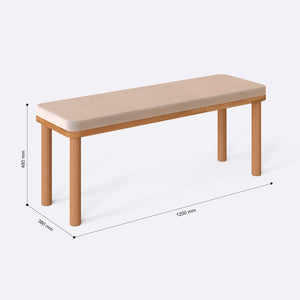 Dorrin Bench 120 x 38 ölçülendirilmiş teknik görünümü, ekru kadife döşeme, milimetre cinsinden ölçüler