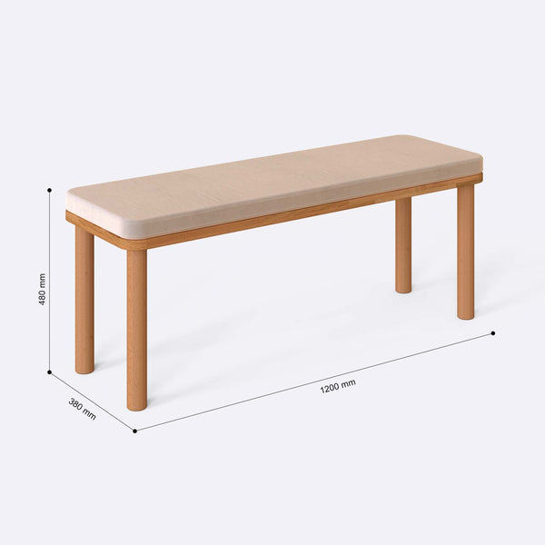 Dorrin Bench 120 x 38 ölçülendirilmiş teknik görünümü, ekru kadife döşeme, milimetre cinsinden ölçüler