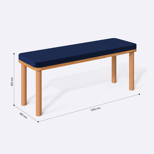 Dorrin Bench 120 x 38 ölçülendirilmiş teknik görünümü, lacivert kadife döşeme, milimetre cinsinden ölçüler