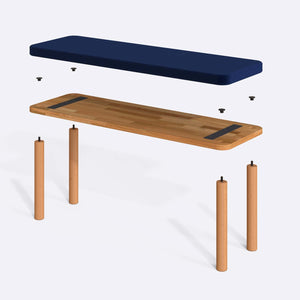 Dorrin Bench 120 x 38 parçalarına ayrılmış montaj görünümü, lacivert kadife oturum ve masif kayın ayaklar