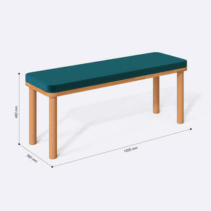 Dorrin Bench 120 x 38 ölçülendirilmiş teknik görünümü, petrol kadife döşeme, milimetre cinsinden ölçüler