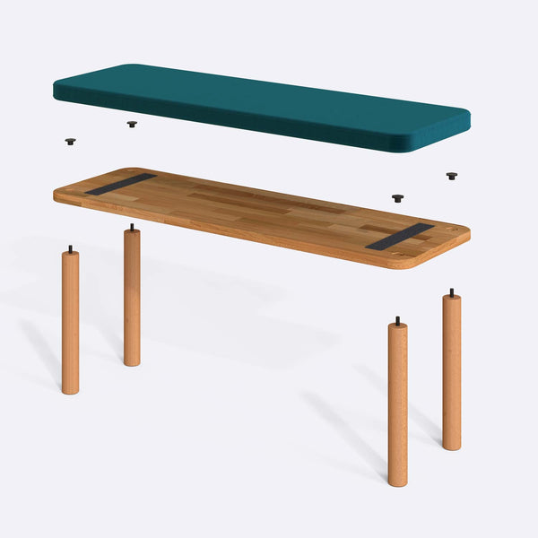 Dorrin Bench 120 x 38 parçalarına ayrılmış montaj görünümü, petrol kadife oturum ve masif kayın ayaklar ile bağlantı vidaları