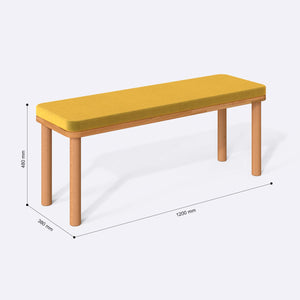 Dorrin Bench 120 x 38 ölçülendirilmiş teknik görünümü, sarı kadife döşeme, milimetre cinsinden ölçüler