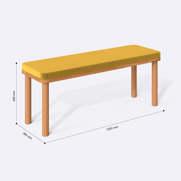 Dorrin Bench 120 x 38 ölçülendirilmiş teknik görünümü, sarı kadife döşeme, milimetre cinsinden ölçüler