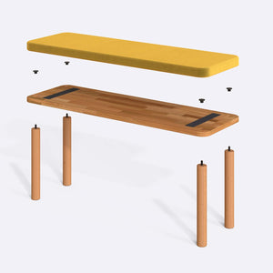 Dorrin Bench 120 x 38 parçalarına ayrılmış montaj görünümü, sarı kadife oturum ve masif kayın ayaklar ile bağlantı vidaları