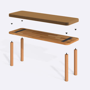 Dorrin Bench 120 x 38 parçalarına ayrılmış montaj görünümü, vizon kadife oturum ve masif kayın ayaklar ile bağlantı vidaları