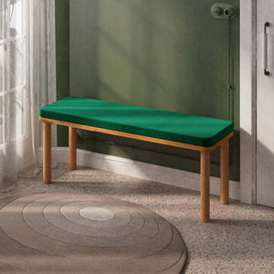 Dorrin Bench 120 x 38, zümrüt kadife döşeme, masif kayın gövde, döşenmiş oda ortamında kullanım görünümü