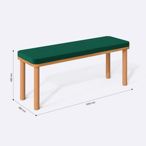 Dorrin Bench 120 x 38 ölçülendirilmiş teknik görünümü, zümrüt kadife döşeme, milimetre cinsinden ölçüler