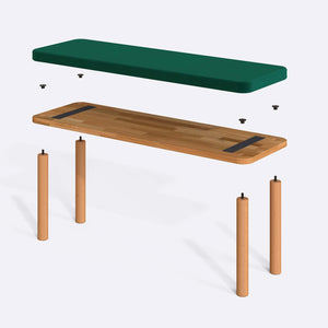 Dorrin Bench 120 x 38 parçalarına ayrılmış montaj görünümü, zümrüt kadife oturum ve masif kayın ayaklar ile bağlantı vidaları