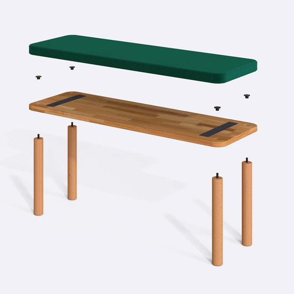 Dorrin Bench 120 x 38 parçalarına ayrılmış montaj görünümü, zümrüt kadife oturum ve masif kayın ayaklar ile bağlantı vidaları