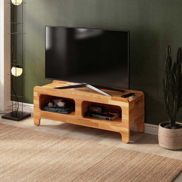 Yvon TV Ünitesi 120 x 40 cm, %100 masif kayın, doğal ahşap dokusu, ev ortamında kullanım görünümü